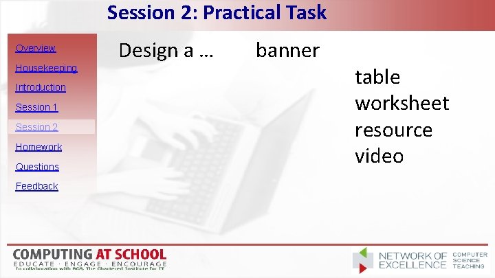 Session 2: Practical Task Overview Housekeeping Introduction Session 1 Session 2 Homework Questions Feedback