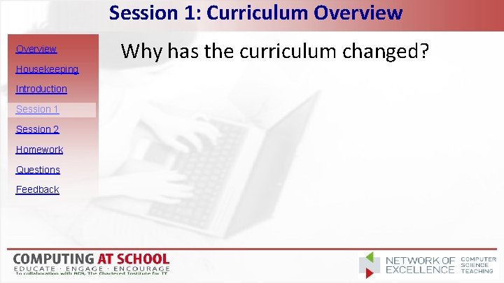 Session 1: Curriculum Overview Housekeeping Introduction Session 1 Session 2 Homework Questions Feedback Why