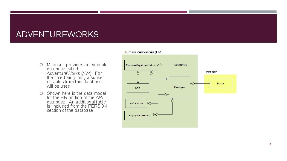 ADVENTUREWORKS Microsoft provides an example database called Adventure. Works (AW). For the time being,