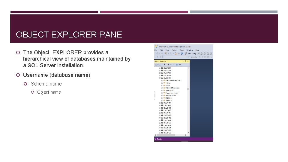 OBJECT EXPLORER PANE The Object EXPLORER provides a hierarchical view of databases maintained by