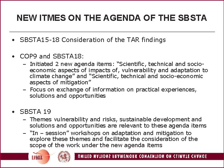 NEW ITMES ON THE AGENDA OF THE SBSTA • SBSTA 15 -18 Consideration of