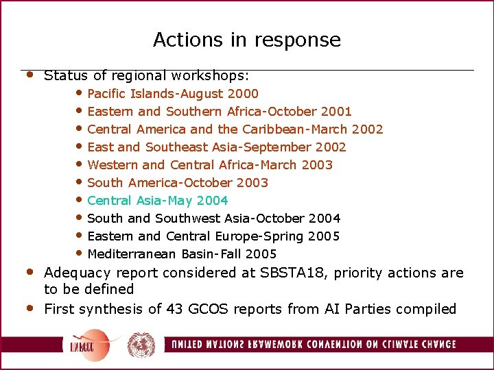 Actions in response • Status of regional workshops: • Adequacy report considered at SBSTA