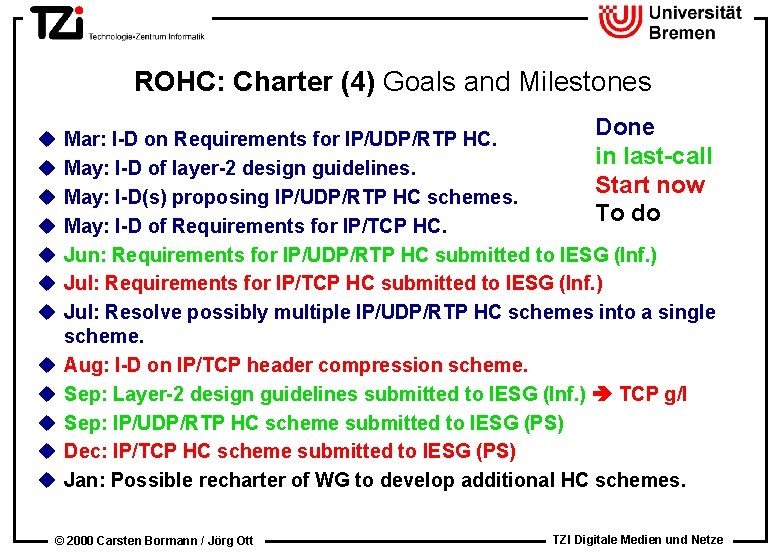 ROHC: Charter (4) Goals and Milestones u u u Done Mar: I-D on Requirements