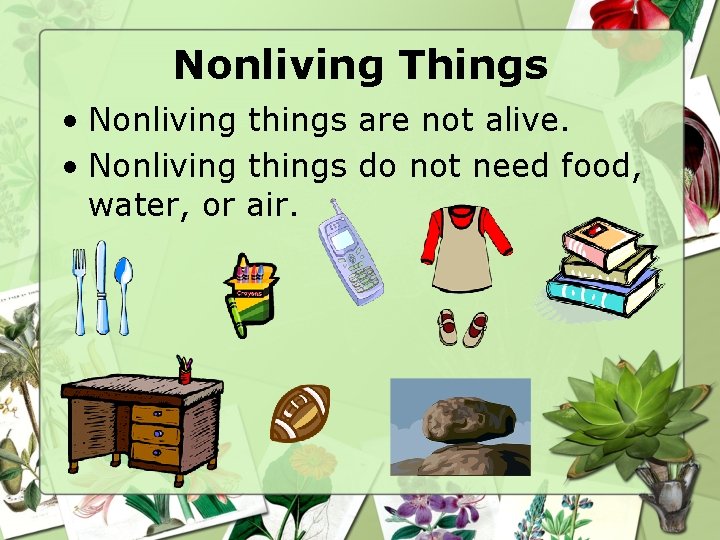 Nonliving Things • Nonliving things are not alive. • Nonliving things do not need