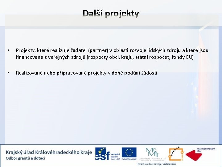 Další projekty • Projekty, které realizuje žadatel (partner) v oblasti rozvoje lidských zdrojů a