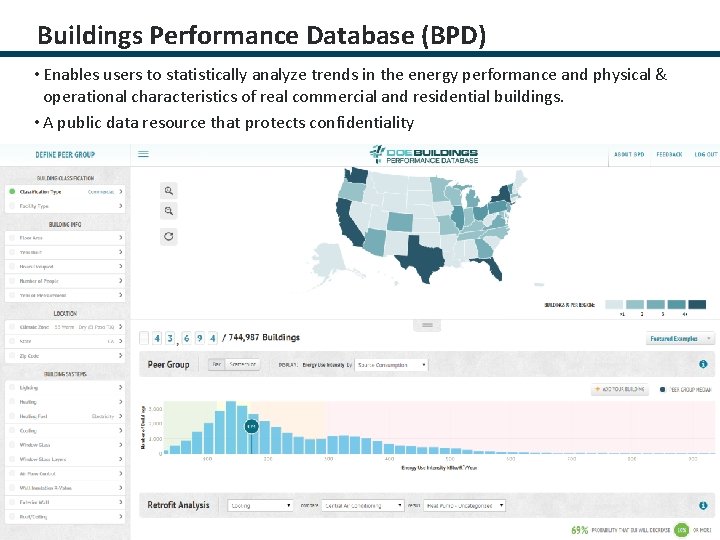 Buildings Performance Database (BPD) • Enables users to statistically analyze trends in the energy