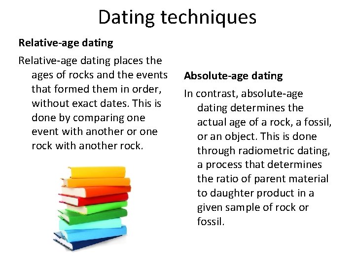 Dating techniques Relative-age dating places the ages of rocks and the events that formed