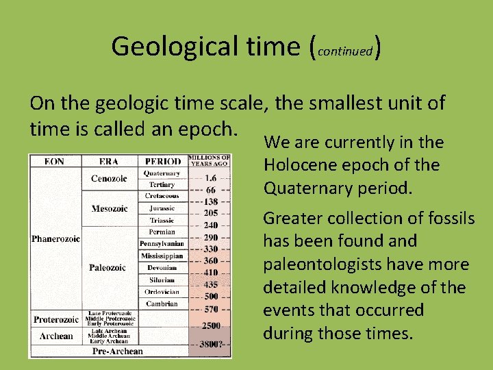 Geological time (continued) On the geologic time scale, the smallest unit of time is