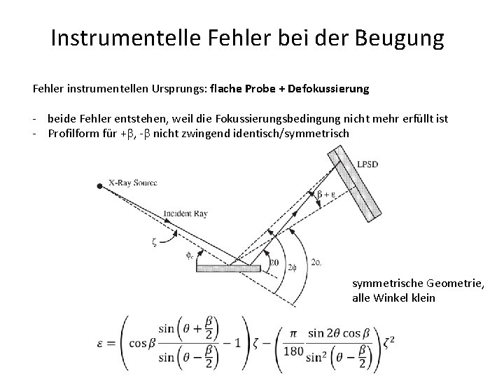 Instrumentelle Fehler bei der Beugung Fehler instrumentellen Ursprungs: flache Probe + Defokussierung - beide