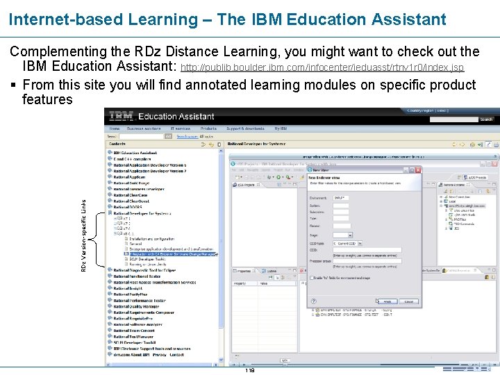 Internet-based Learning – The IBM Education Assistant RDz Version-specific Links Complementing the RDz Distance
