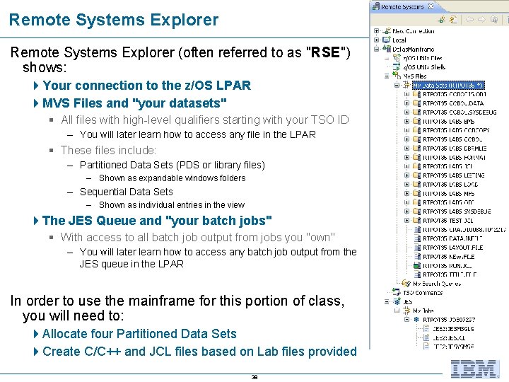 Remote Systems Explorer (often referred to as "RSE") shows: Your connection to the z/OS