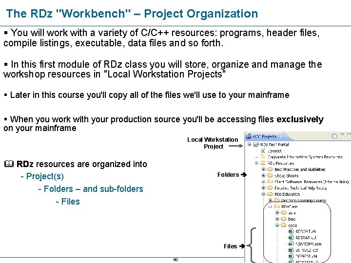 The RDz "Workbench" – Project Organization You will work with a variety of C/C++