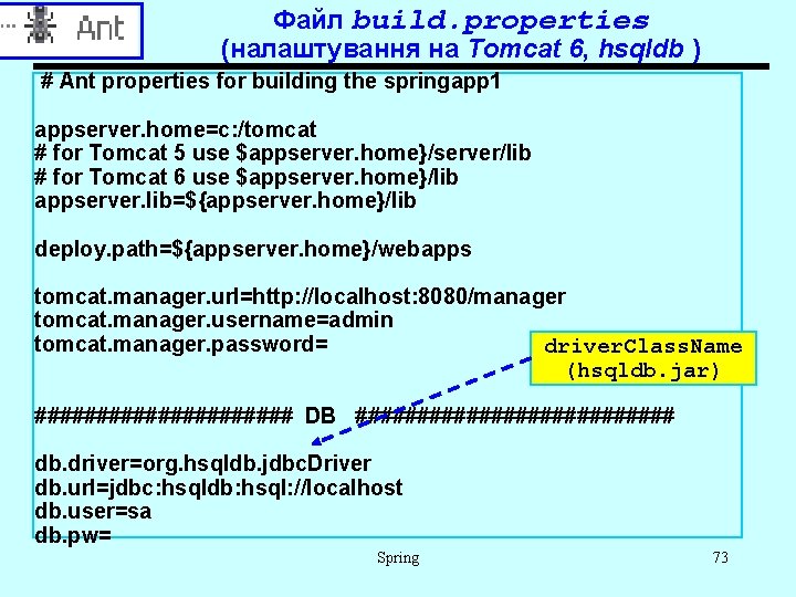 Файл build. properties (налаштування на Tomcat 6, hsqldb ) # Ant properties for building
