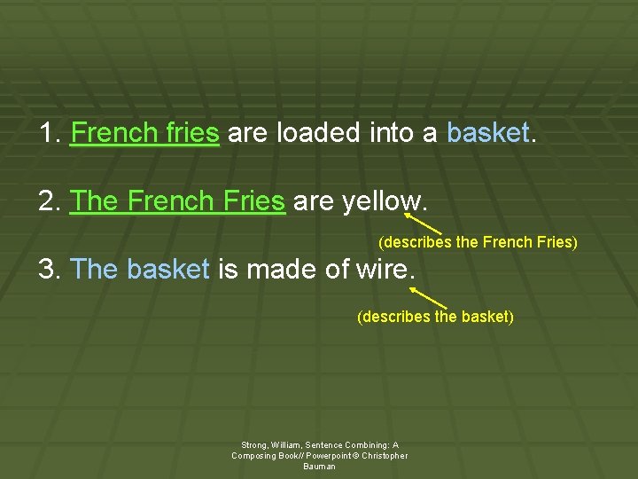 1. French fries are loaded into a basket. 2. The French Fries are yellow.