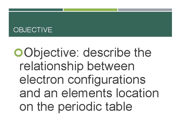 OBJECTIVE Objective: describe the relationship between electron configurations and an elements location on the