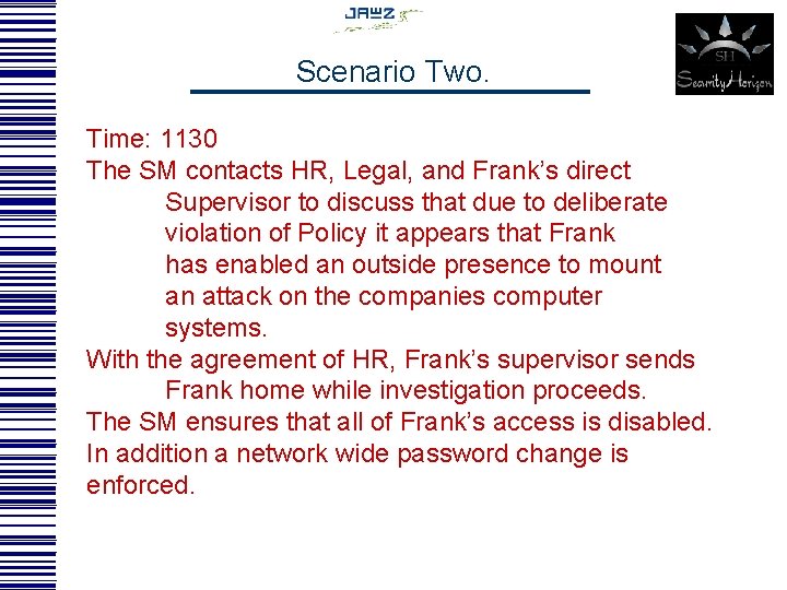 Scenario Two. Time: 1130 The SM contacts HR, Legal, and Frank’s direct Supervisor to