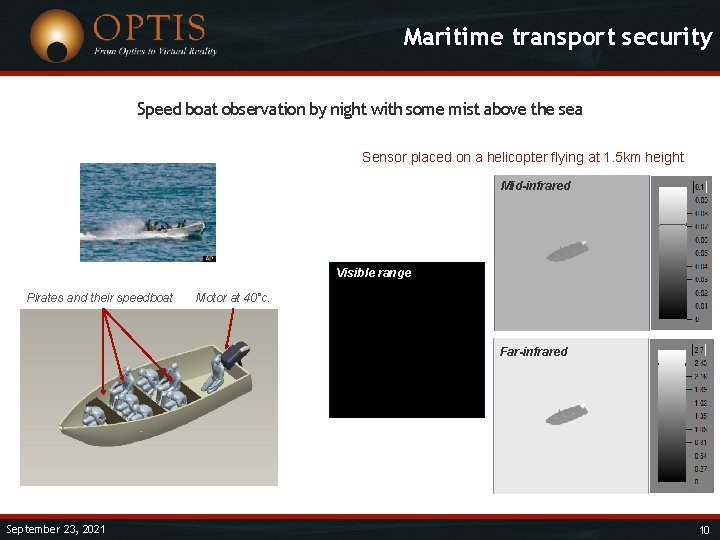 Maritime transport security Speed boat observation by night with some mist above the sea