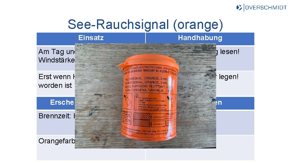 See-Rauchsignal (orange) Einsatz Handhabung Am Tag und bei geringen Windstärken Gebrauchsanweisung lesen! Erst wenn