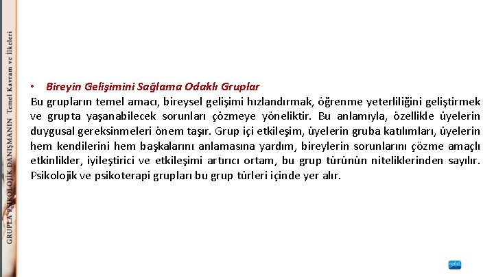  • Bireyin Gelişimini Sağlama Odaklı Gruplar Bu grupların temel amacı, bireysel gelişimi hızlandırmak,