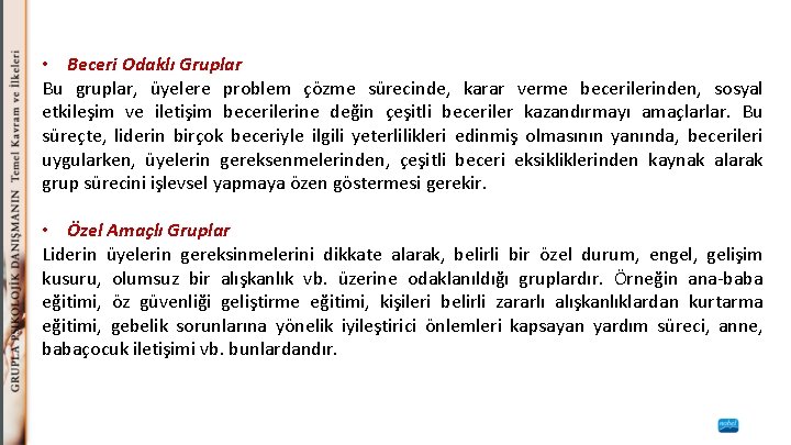  • Beceri Odaklı Gruplar Bu gruplar, üyelere problem çözme sürecinde, karar verme becerilerinden,