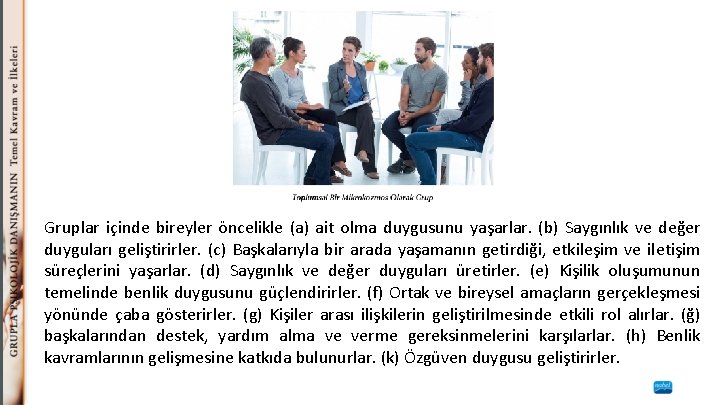 Gruplar içinde bireyler öncelikle (a) ait olma duygusunu yaşarlar. (b) Saygınlık ve değer duyguları