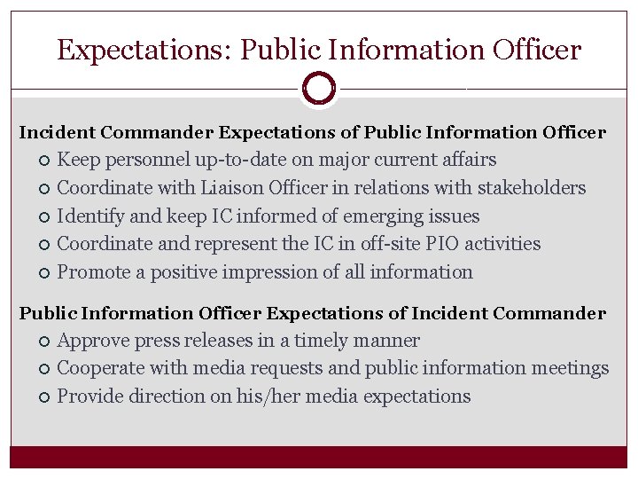 Expectations: Public Information Officer Incident Commander Expectations of Public Information Officer Keep personnel up-to-date