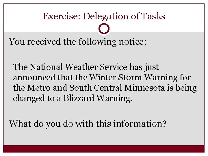 Exercise: Delegation of Tasks You received the following notice: The National Weather Service has