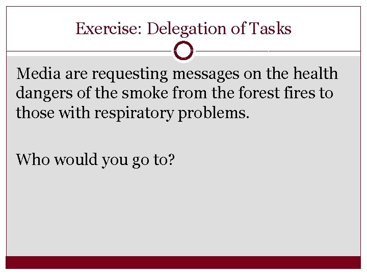 Exercise: Delegation of Tasks Media are requesting messages on the health dangers of the