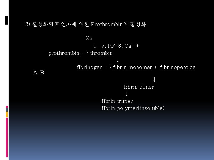 3) 활성화된 X 인자에 의한 Prothrombin의 활성화 Xa A, B ↓ V, PF-3, Ca++