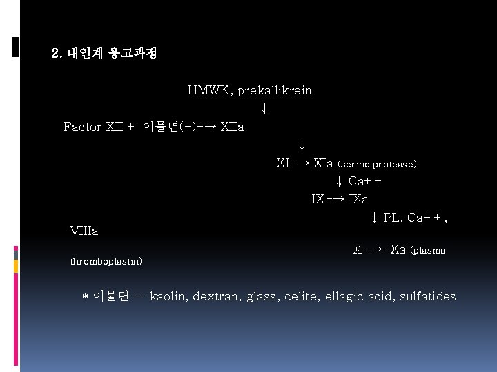 2. 내인계 응고과정 HMWK, prekallikrein ↓ Factor XII + 이물면(-)-→ XIIa ↓ XI-→ XIa