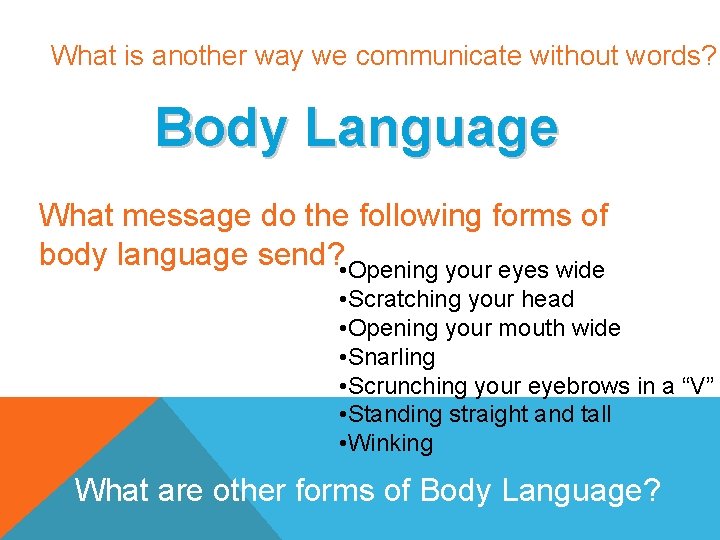 What is another way we communicate without words? Body Language What message do the