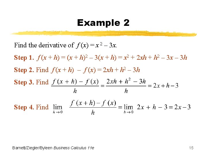 Example 2 Find the derivative of f (x) = x 2 – 3 x.