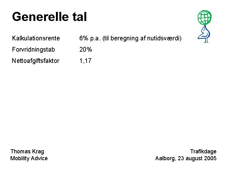 Generelle tal Kalkulationsrente 6% p. a. (til beregning af nutidsværdi) Forvridningstab 20% Nettoafgiftsfaktor 1,