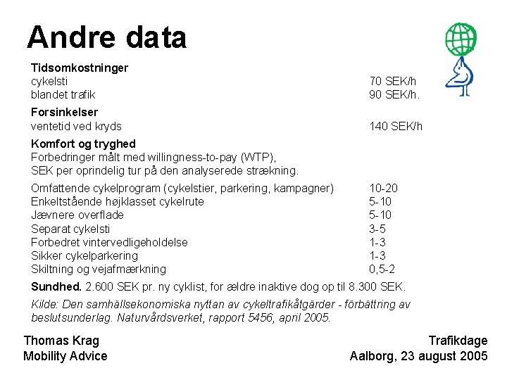 Andre data Tidsomkostninger cykelsti blandet trafik 70 SEK/h 90 SEK/h. Forsinkelser ventetid ved kryds