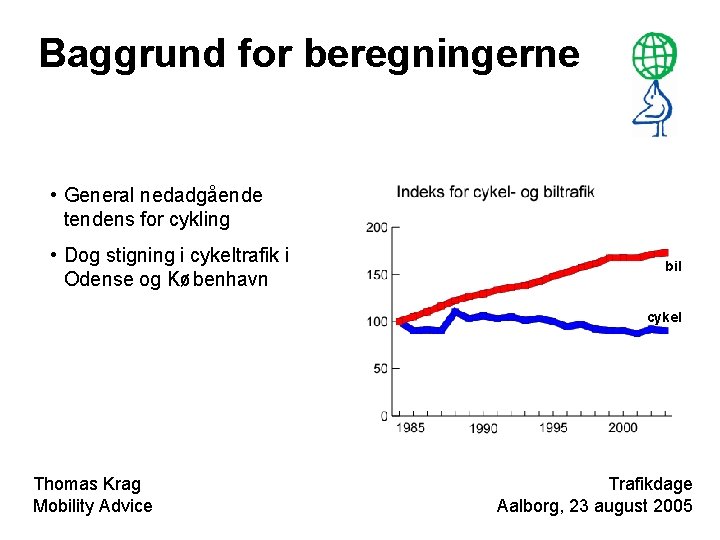 Baggrund for beregningerne • General nedadgående tendens for cykling • Dog stigning i cykeltrafik