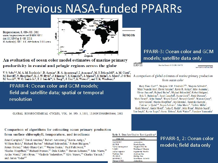 Previous NASA-funded PPARRs PPARR-3: Ocean color and GCM models; satellite data only PPARR-4: Ocean Previous NASA-funded PPARRs PPARR-3: Ocean color and GCM models; satellite data only PPARR-4: Ocean