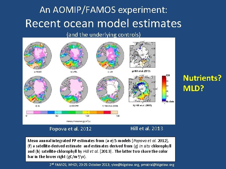 An AOMIP/FAMOS experiment: Recent ocean model estimates (and the underlying controls) Nutrients? MLD? Popova An AOMIP/FAMOS experiment: Recent ocean model estimates (and the underlying controls) Nutrients? MLD? Popova