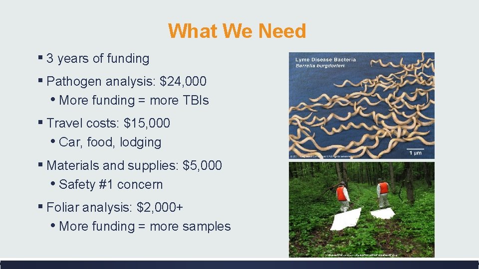 What We Need ▪ 3 years of funding ▪ Pathogen analysis: $24, 000 •