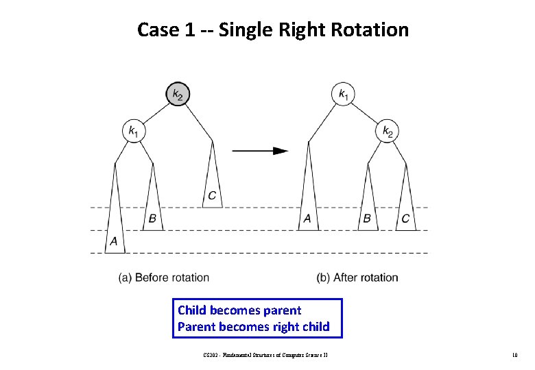 Case 1 -- Single Right Rotation Child becomes parent Parent becomes right child CS