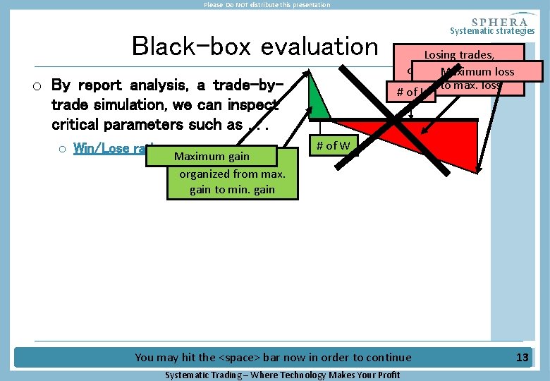 Please Do NOT distribute this presentation Black-box evaluation o By report analysis, a trade-bytrade