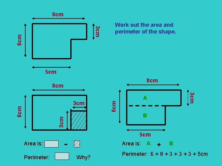8 cm 6 cm 3 cm Work out the area and perimeter of the