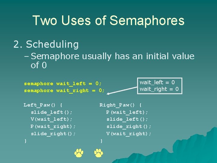 Two Uses of Semaphores 2. Scheduling – Semaphore usually has an initial value of