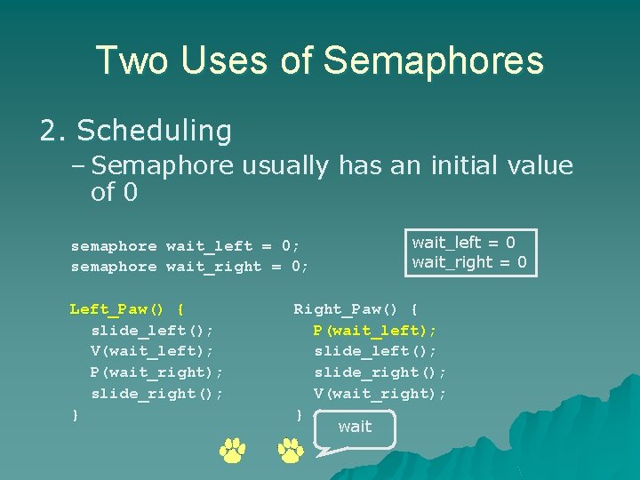 Two Uses of Semaphores 2. Scheduling – Semaphore usually has an initial value of