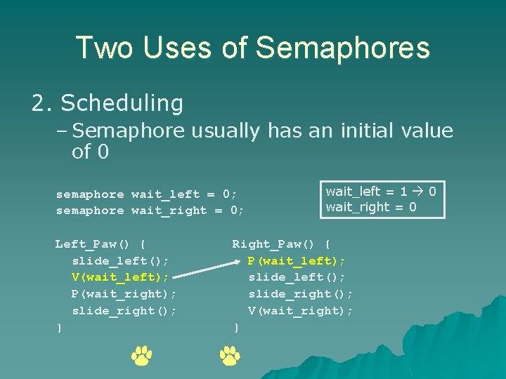 Two Uses of Semaphores 2. Scheduling – Semaphore usually has an initial value of