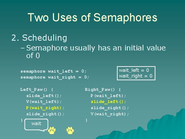 Two Uses of Semaphores 2. Scheduling – Semaphore usually has an initial value of