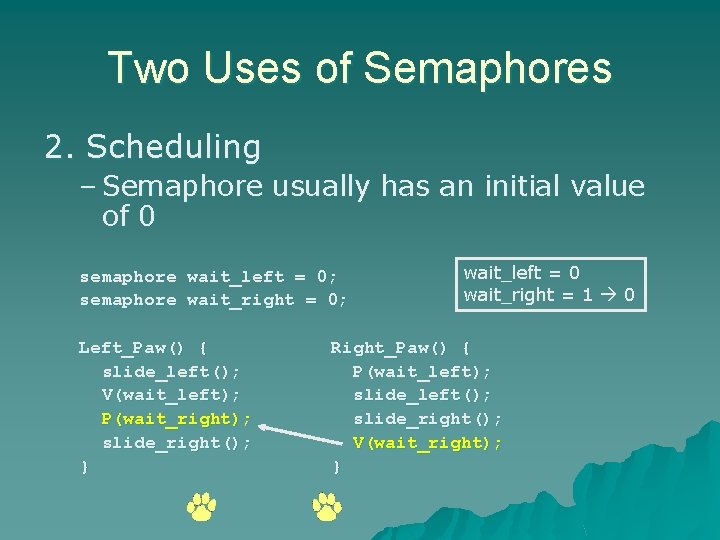 Two Uses of Semaphores 2. Scheduling – Semaphore usually has an initial value of