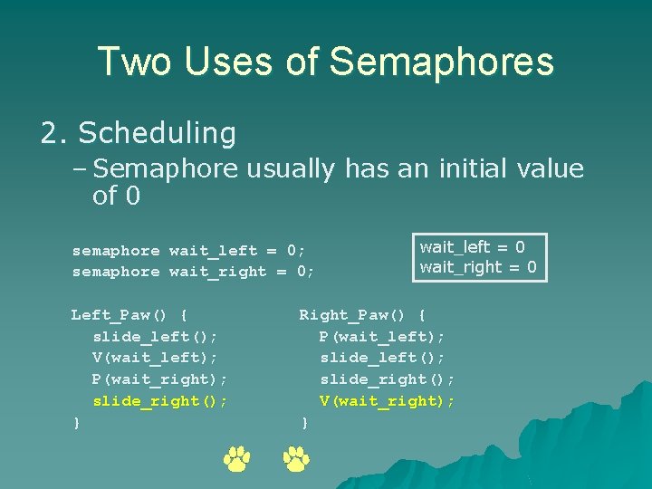 Two Uses of Semaphores 2. Scheduling – Semaphore usually has an initial value of