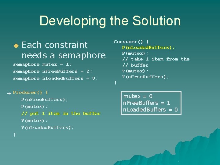 Developing the Solution u Each constraint needs a semaphore mutex = 1; semaphore n.