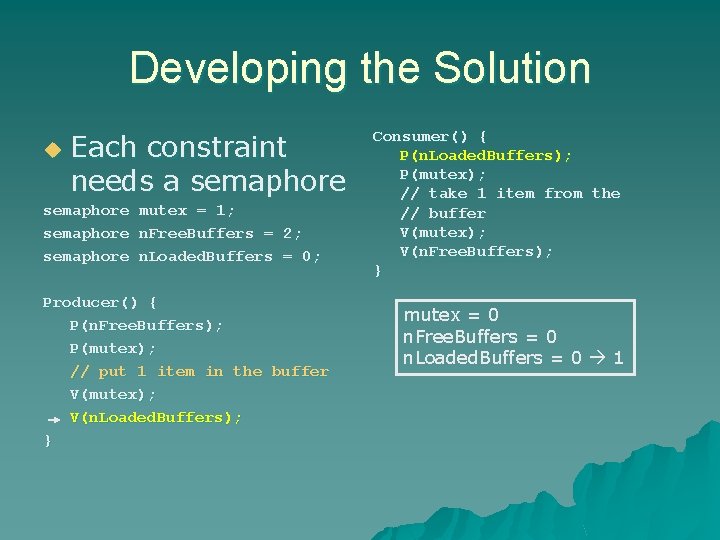 Developing the Solution u Each constraint needs a semaphore mutex = 1; semaphore n.