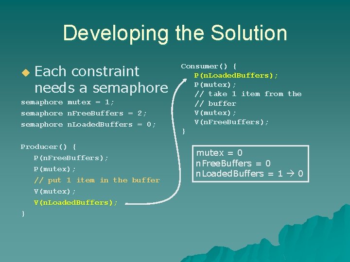 Developing the Solution u Each constraint needs a semaphore mutex = 1; semaphore n.